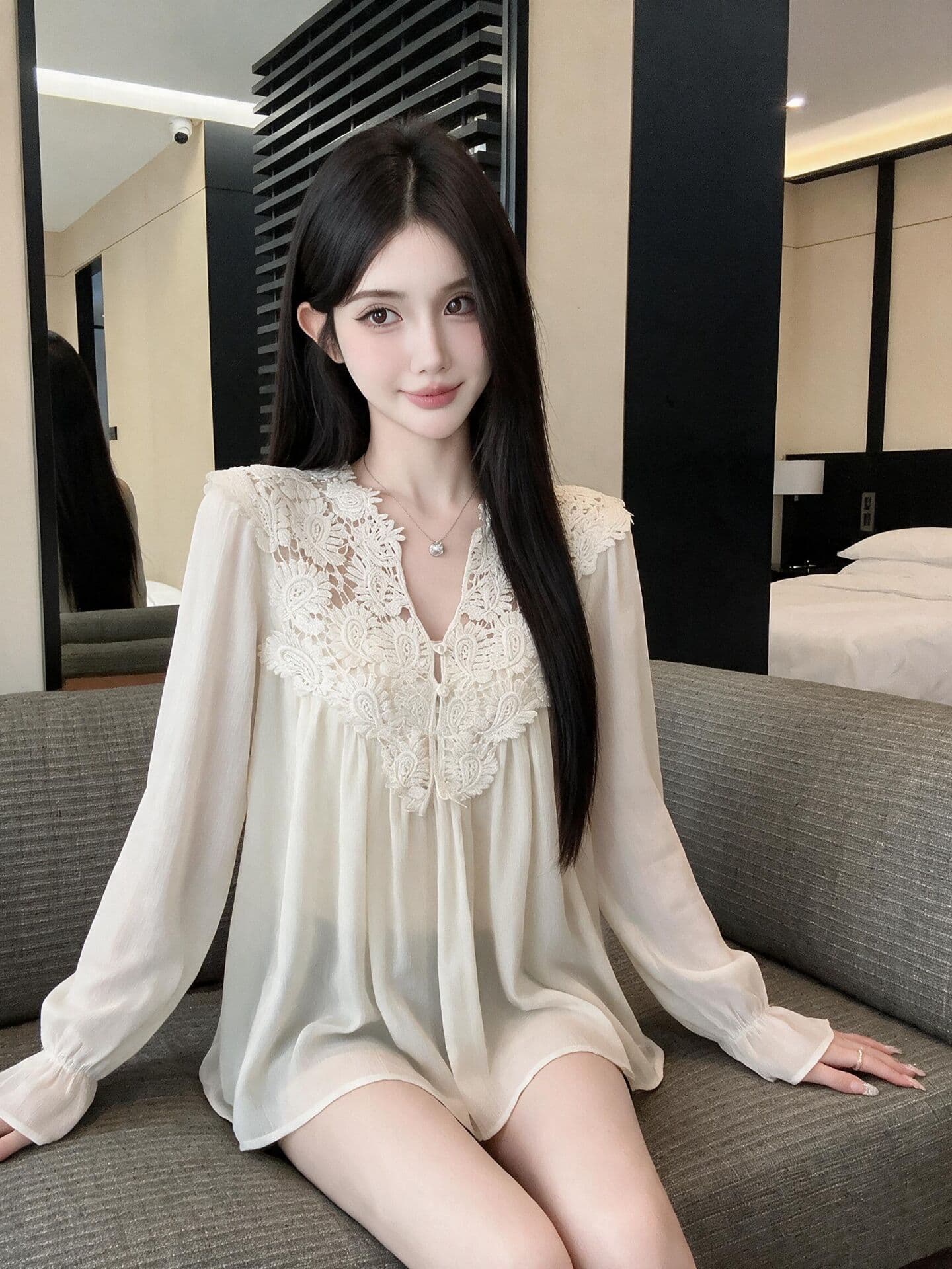 실사 새로운 한국 스타일 ins 바람 miu 무거운 작업 쉬폰 V넥 레이스 조각 자수 레이스 맨위 여성 인사이드 가져 가라. 이미지 4
