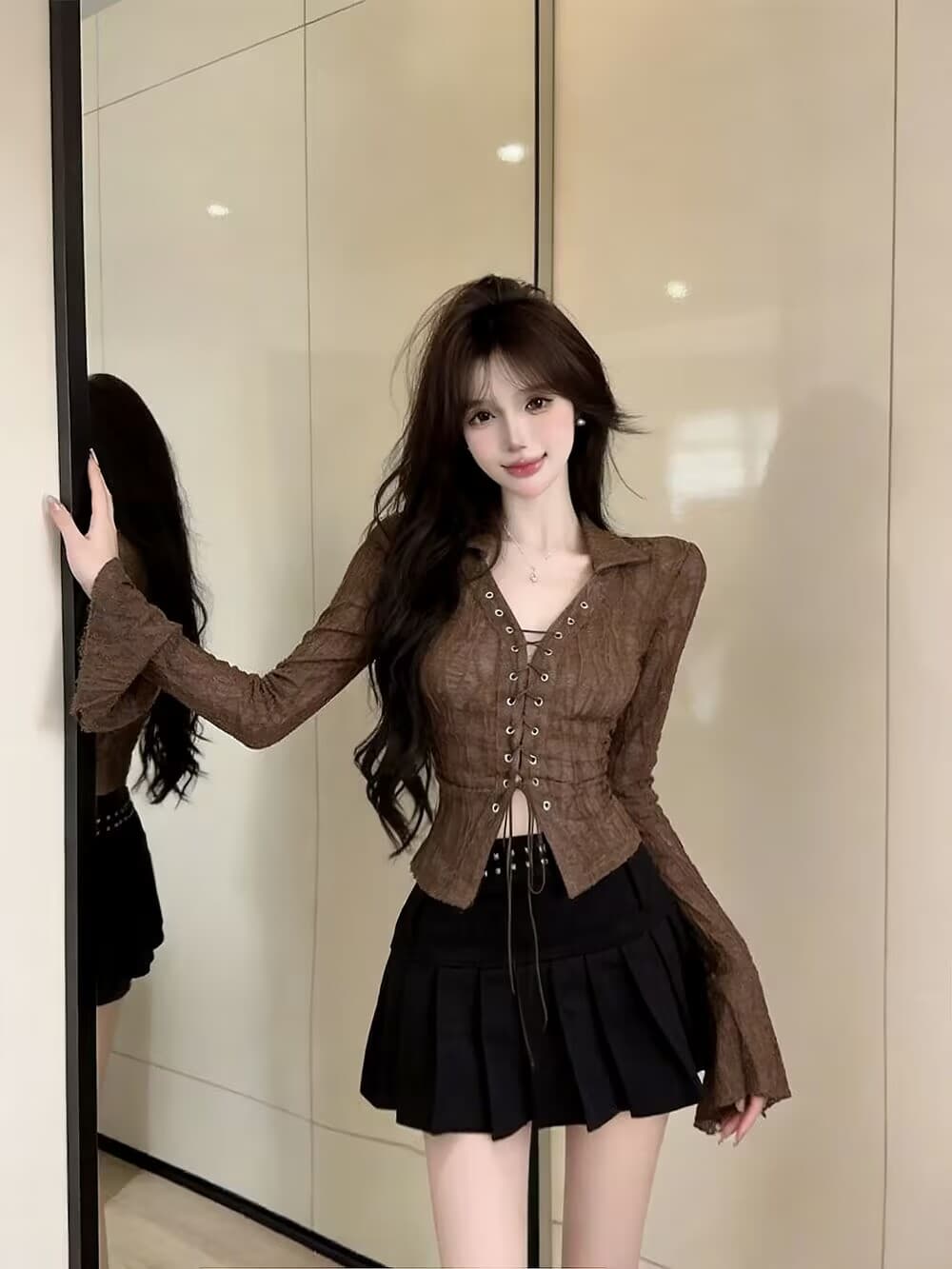 실사 새로운 자이언트 잘 생긴 순수한 욕망 핫걸 고유 한 디자인 센스 단추 구멍 레이스업 나팔 소매 맨위 여성 상세 이미지 1
