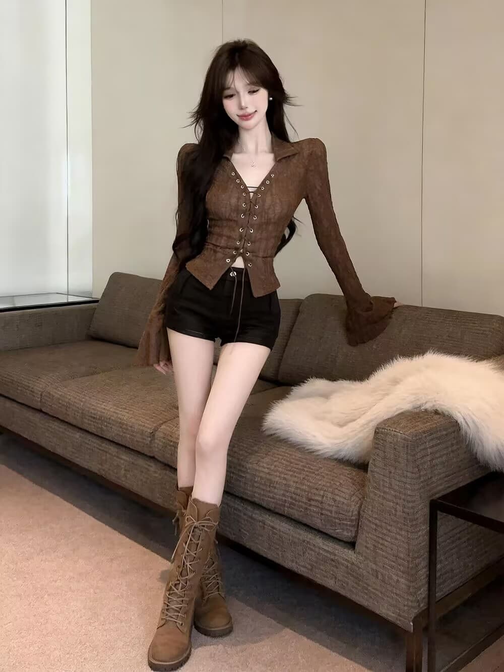 실사 새로운 자이언트 잘 생긴 순수한 욕망 핫걸 고유 한 디자인 센스 단추 구멍 레이스업 나팔 소매 맨위 여성 상세 이미지 4