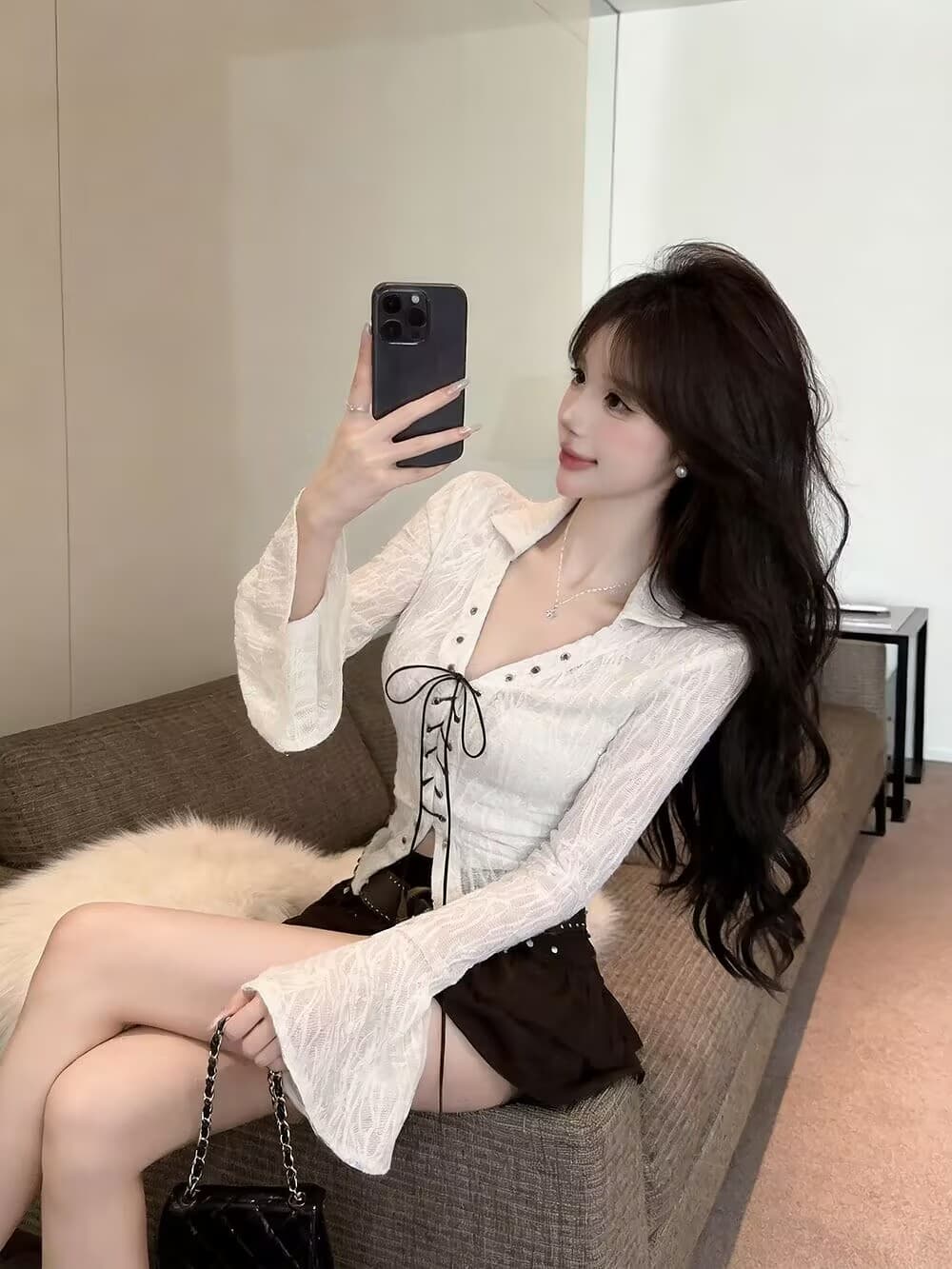 실사 새로운 자이언트 잘 생긴 순수한 욕망 핫걸 고유 한 디자인 센스 단추 구멍 레이스업 나팔 소매 맨위 여성 상세 이미지 14