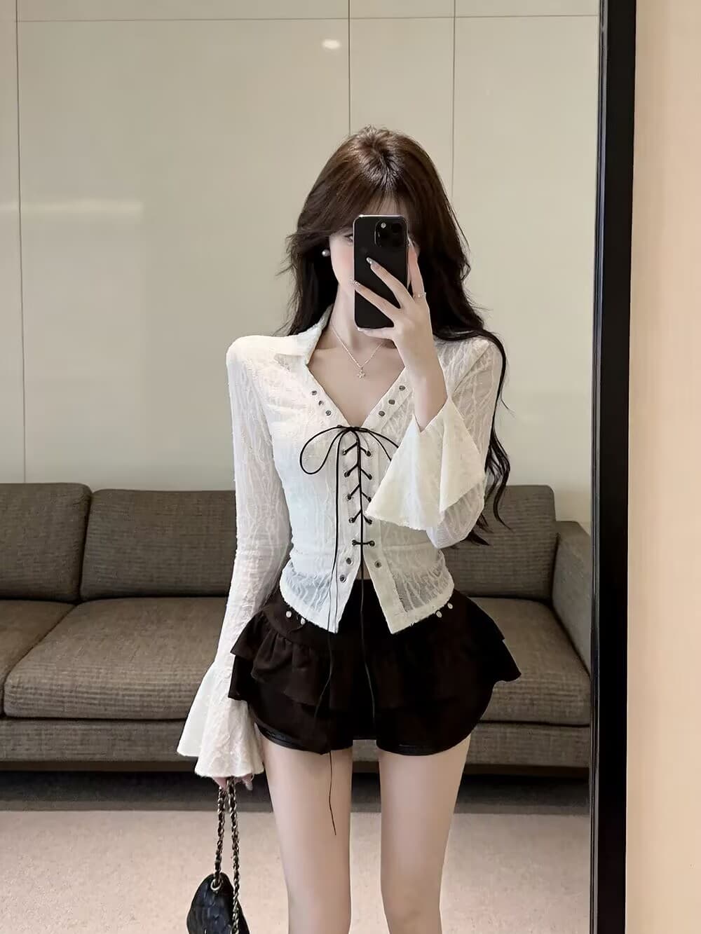실사 새로운 자이언트 잘 생긴 순수한 욕망 핫걸 고유 한 디자인 센스 단추 구멍 레이스업 나팔 소매 맨위 여성 상세 이미지 15
