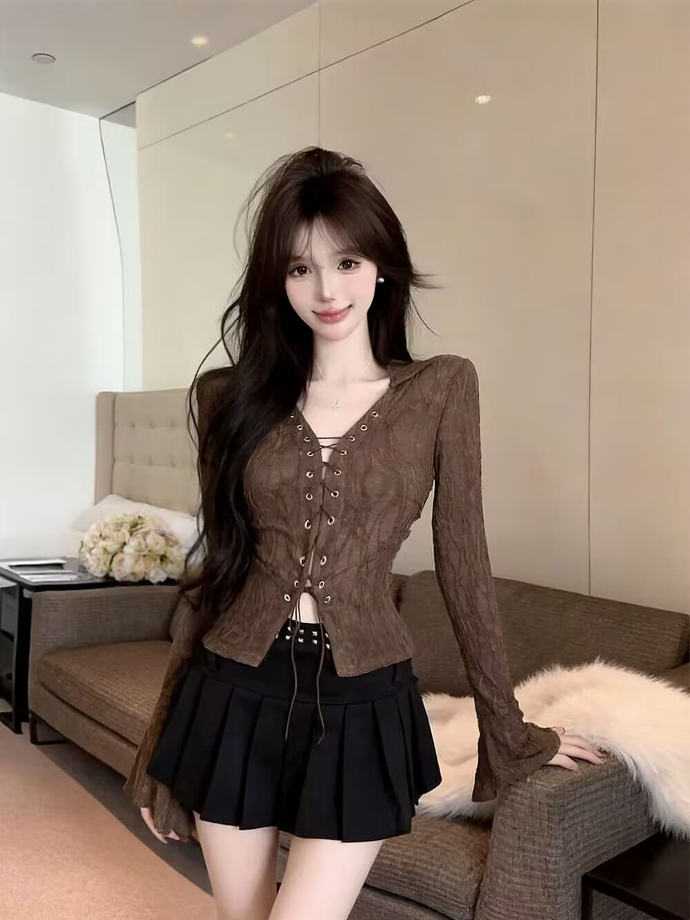 실사 새로운 자이언트 잘 생긴 순수한 욕망 핫걸 고유 한 디자인 센스 단추 구멍 레이스업 나팔 소매 맨위 여성 이미지 2