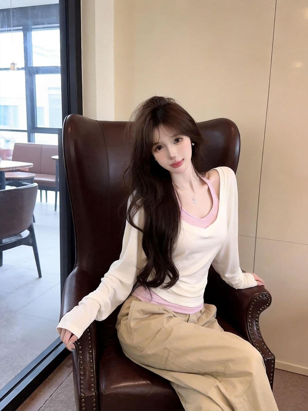 실사 새로운 스트라이프 행침 목 조끼 화이트 긴팔 티셔츠 여성 한 부서 다용도 자외선 차단 블라우스 투피스 세트 상세 이미지 7