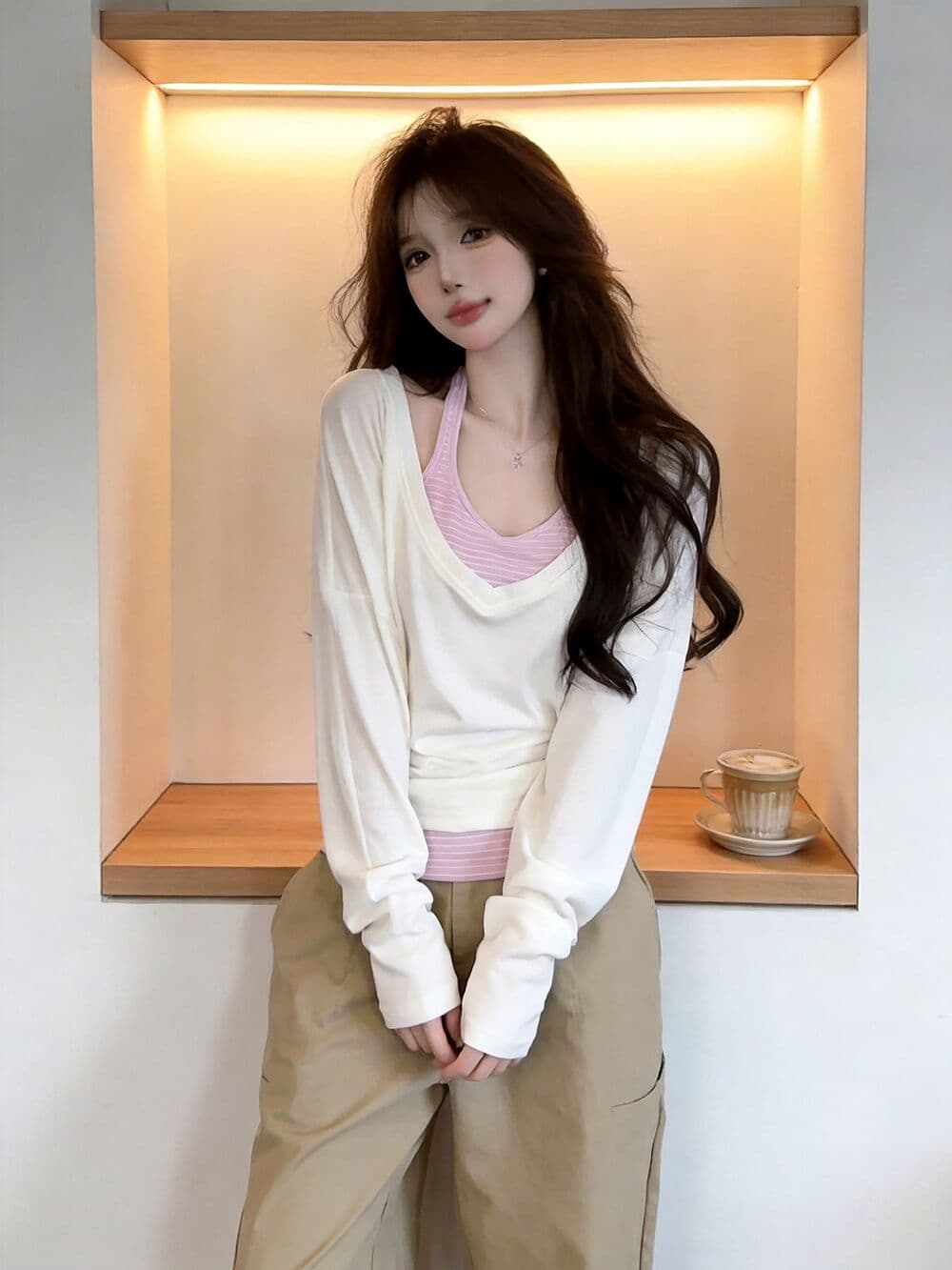 실사 새로운 스트라이프 행침 목 조끼 화이트 긴팔 티셔츠 여성 한 부서 다용도 자외선 차단 블라우스 투피스 세트 상세 이미지 10