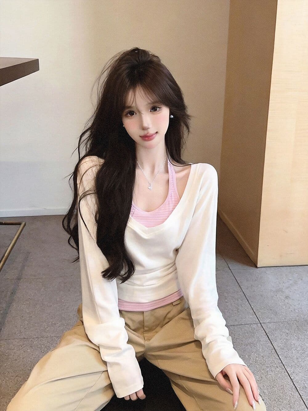 실사 새로운 스트라이프 행침 목 조끼 화이트 긴팔 티셔츠 여성 한 부서 다용도 자외선 차단 블라우스 투피스 세트 이미지 4