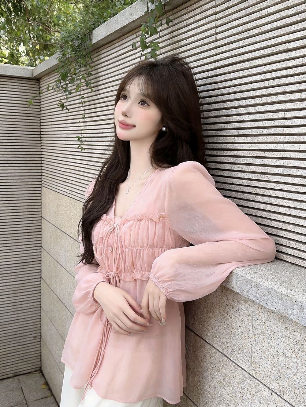 실사 새로운 순수한 욕망 핫걸 고유 한 디자인 쉬폰 패치워크 주름 프릴 맨위 여성 인사이드 가져 가라. 상세 이미지 12