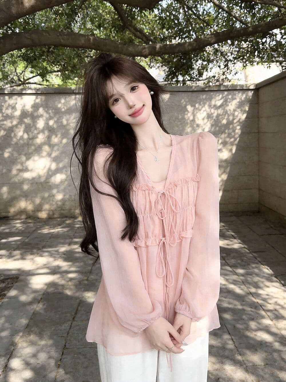 실사 새로운 순수한 욕망 핫걸 고유 한 디자인 쉬폰 패치워크 주름 프릴 맨위 여성 인사이드 가져 가라. 상세 이미지 15