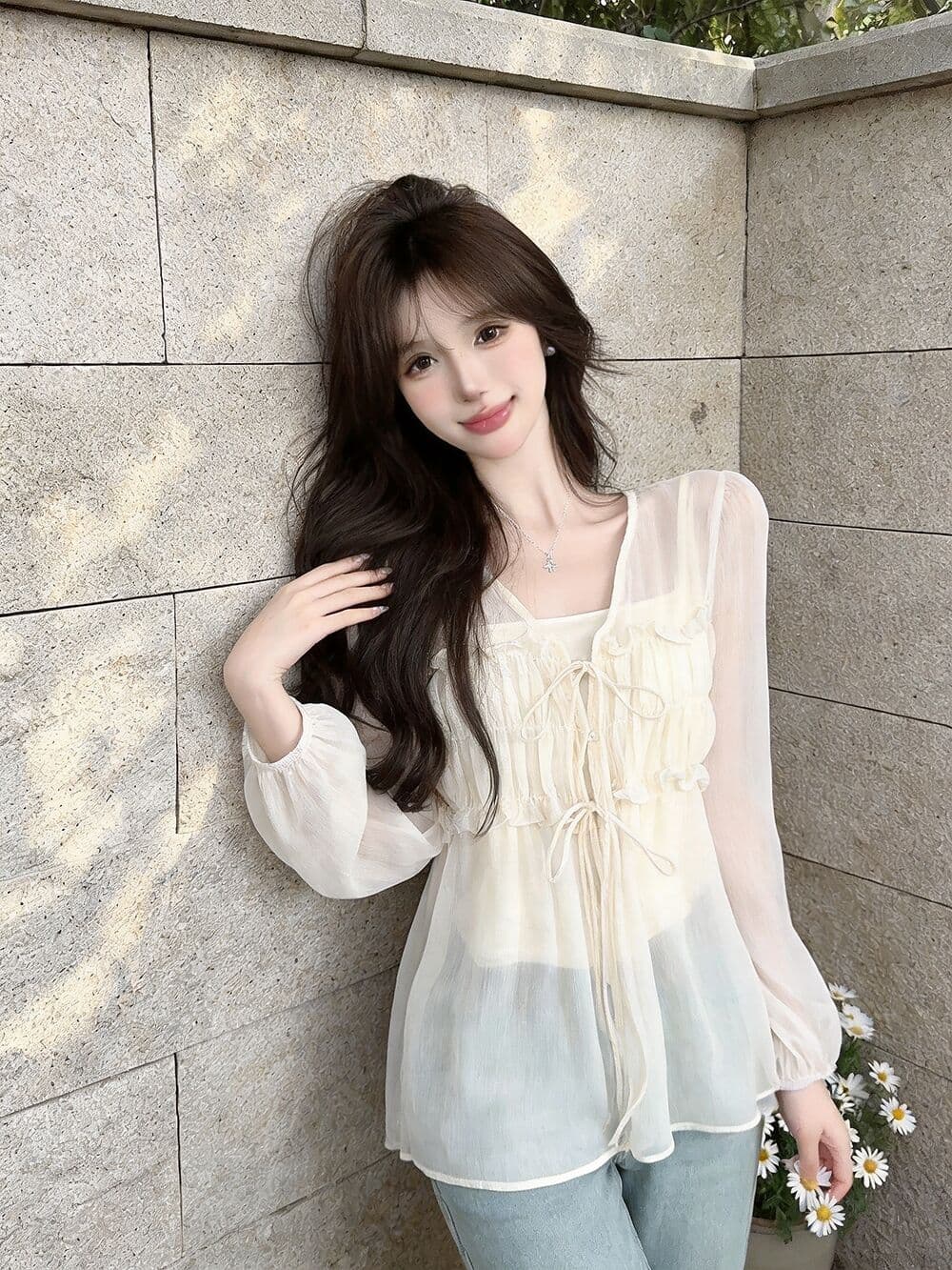 실사 새로운 순수한 욕망 핫걸 고유 한 디자인 쉬폰 패치워크 주름 프릴 맨위 여성 인사이드 가져 가라. 이미지 3