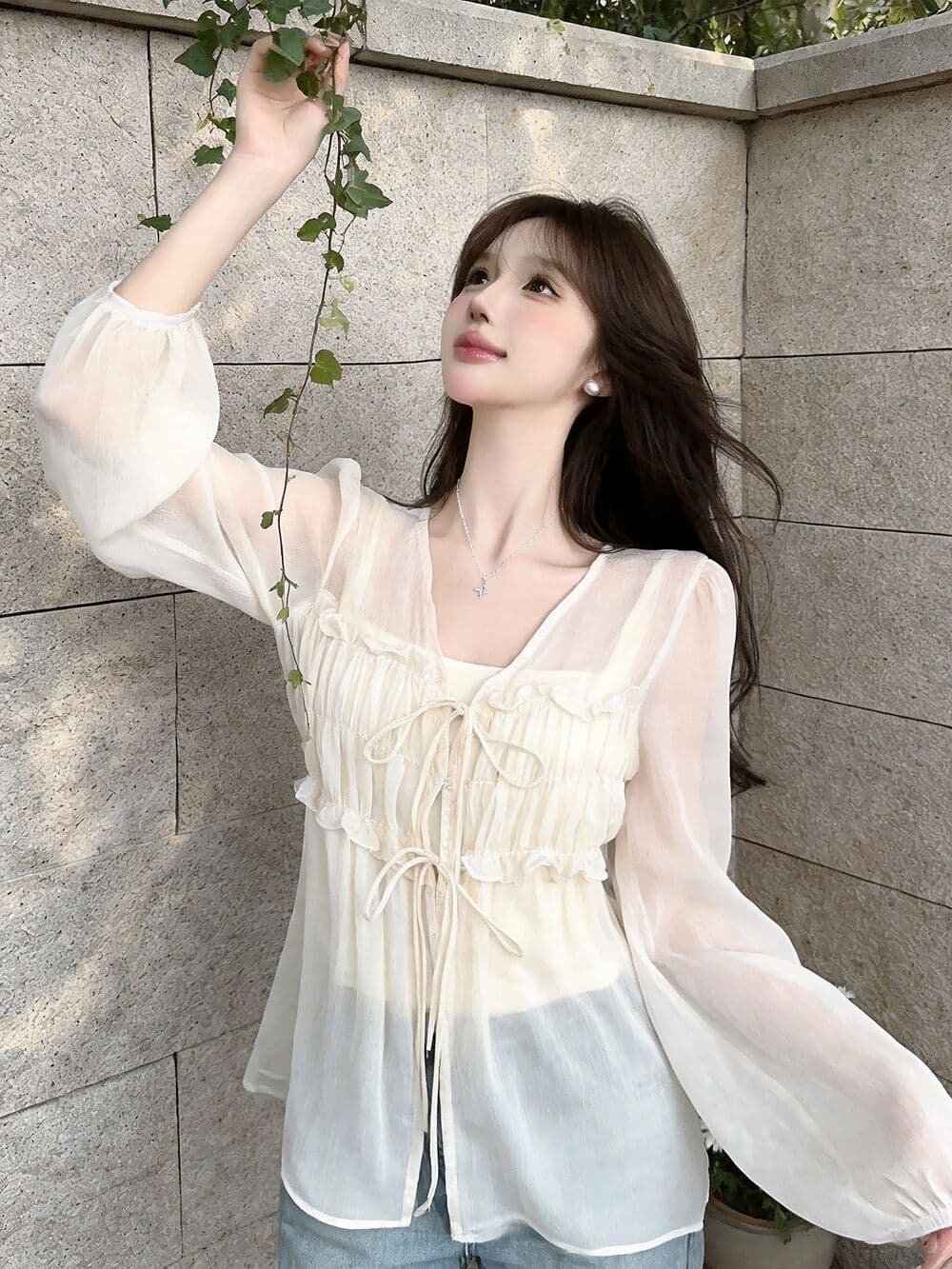 실사 새로운 순수한 욕망 핫걸 고유 한 디자인 쉬폰 패치워크 주름 프릴 맨위 여성 인사이드 가져 가라. 이미지 4