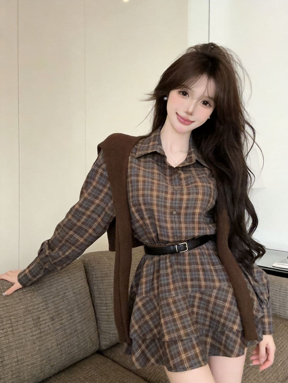 실사 새로운 핫걸 POLO 칼라 고유 한 디자인 센스 체크무늬 허리 수축 여성 드레스 숄 벨트 3종 세트 이미지 3