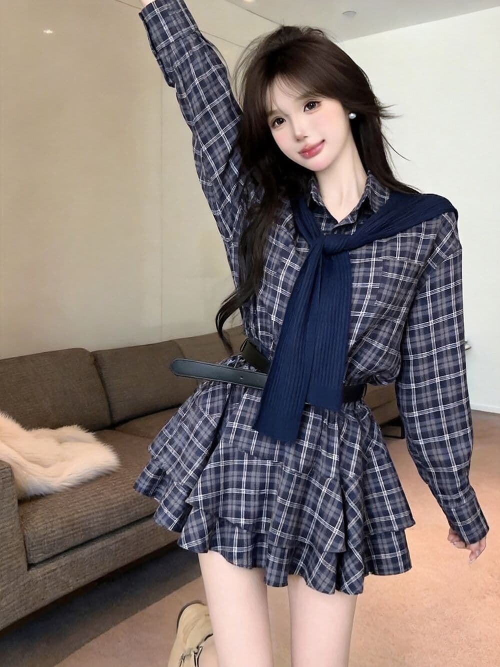 실사 새로운 핫걸 POLO 칼라 고유 한 디자인 센스 체크무늬 허리 수축 여성 드레스 숄 벨트 3종 세트 상세 이미지 3