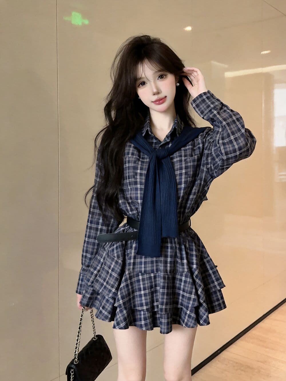 실사 새로운 핫걸 POLO 칼라 고유 한 디자인 센스 체크무늬 허리 수축 여성 드레스 숄 벨트 3종 세트 상세 이미지 4