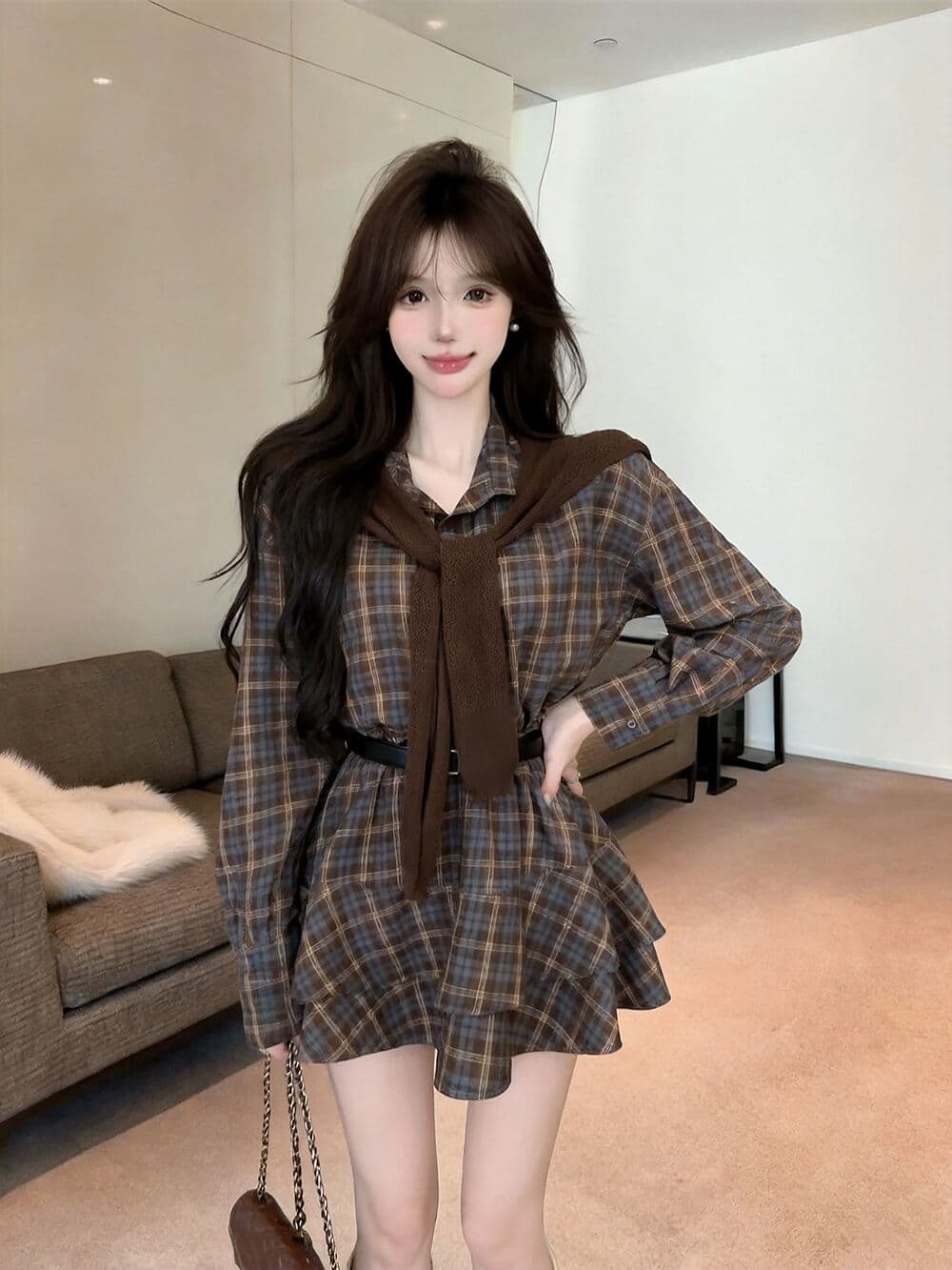 실사 새로운 핫걸 POLO 칼라 고유 한 디자인 센스 체크무늬 허리 수축 여성 드레스 숄 벨트 3종 세트 상세 이미지 8