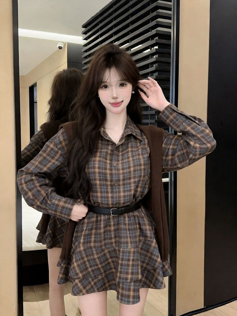 실사 새로운 핫걸 POLO 칼라 고유 한 디자인 센스 체크무늬 허리 수축 여성 드레스 숄 벨트 3종 세트 상세 이미지 9