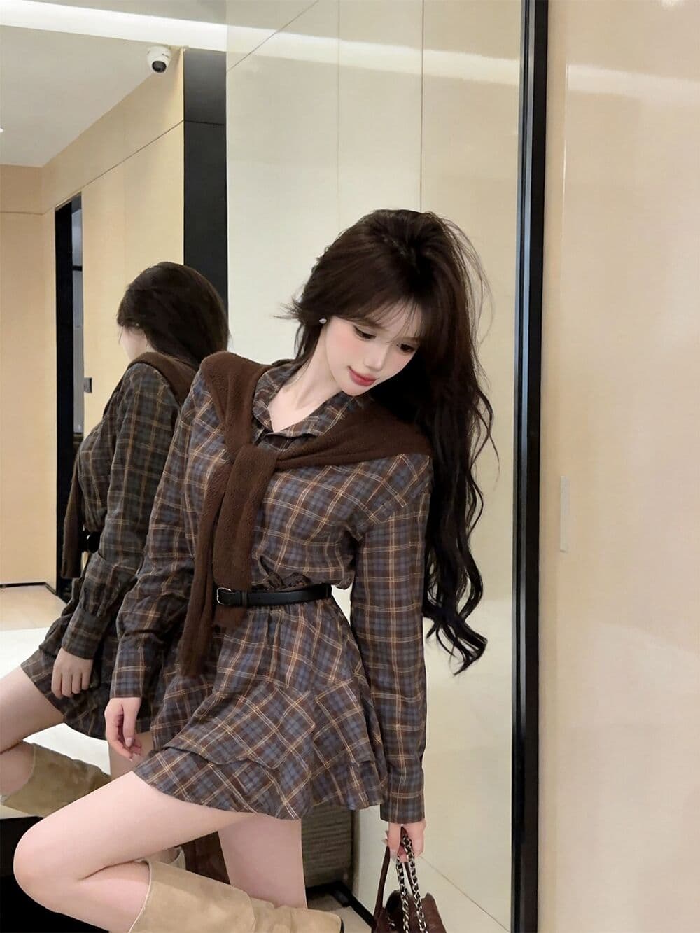 실사 새로운 핫걸 POLO 칼라 고유 한 디자인 센스 체크무늬 허리 수축 여성 드레스 숄 벨트 3종 세트 상세 이미지 10