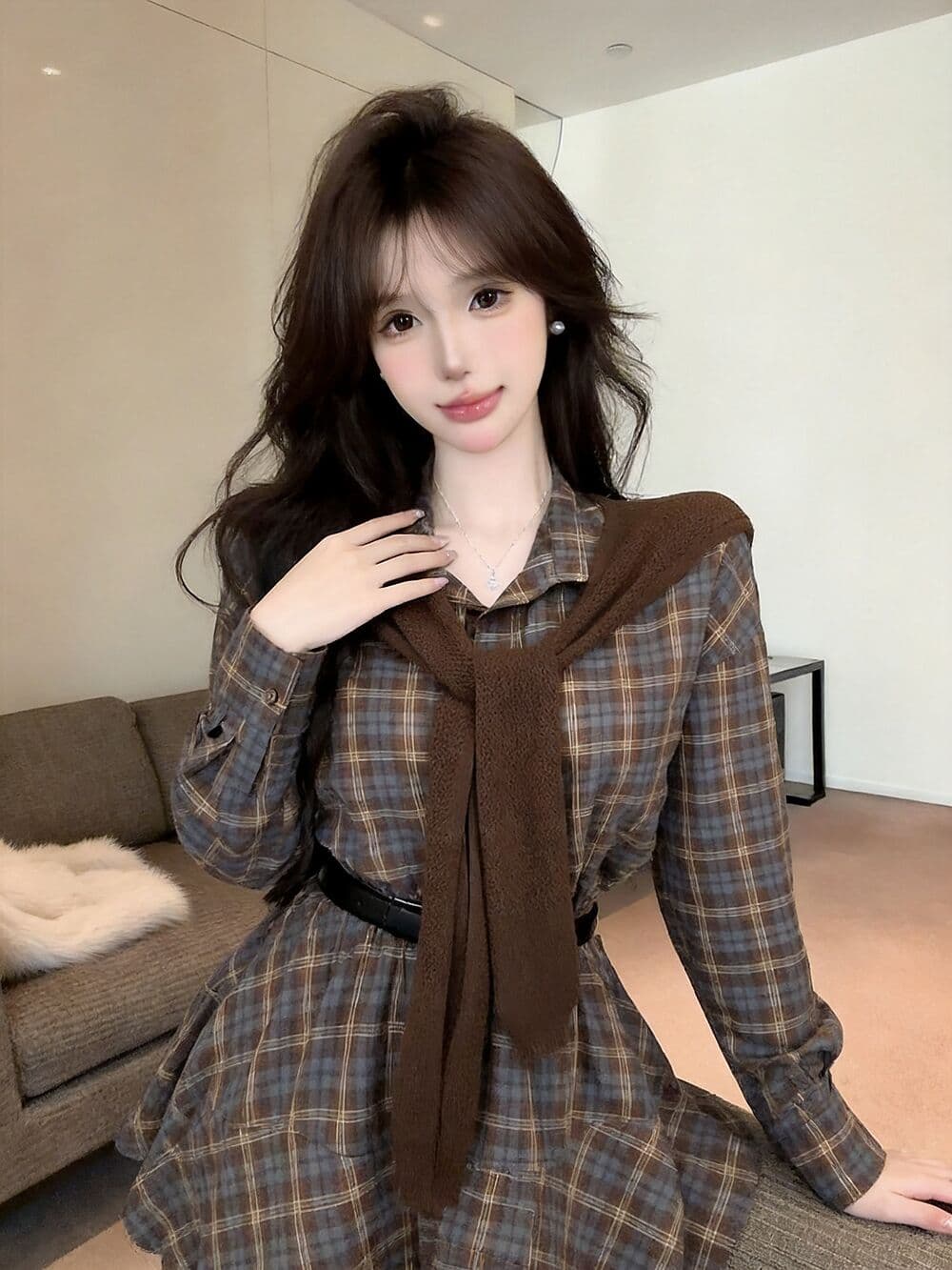 실사 새로운 핫걸 POLO 칼라 고유 한 디자인 센스 체크무늬 허리 수축 여성 드레스 숄 벨트 3종 세트 상세 이미지 14