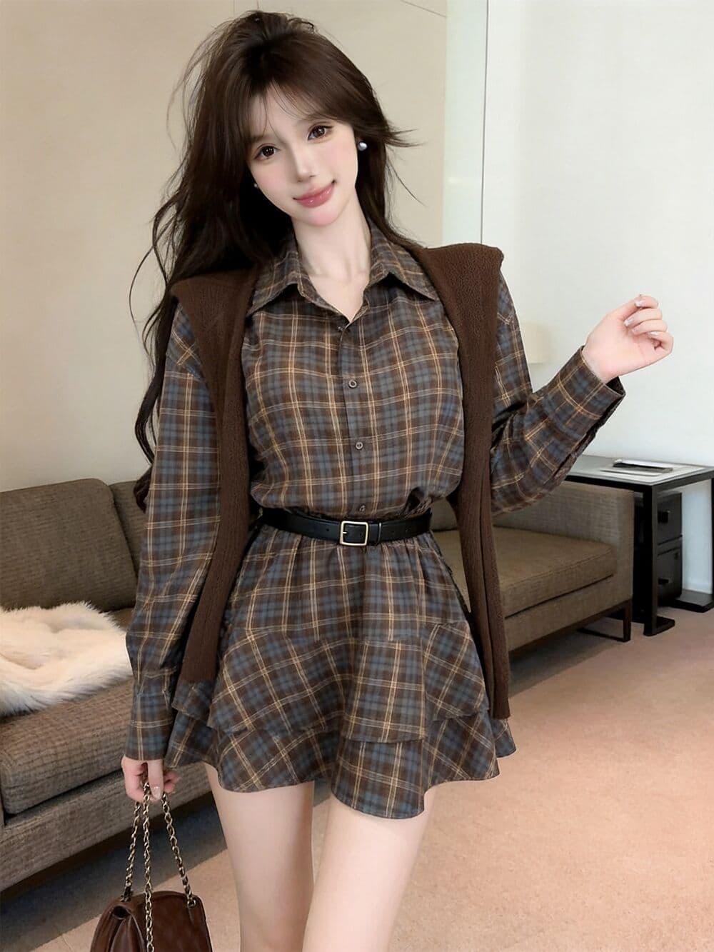 실사 새로운 핫걸 POLO 칼라 고유 한 디자인 센스 체크무늬 허리 수축 여성 드레스 숄 벨트 3종 세트 상세 이미지 16