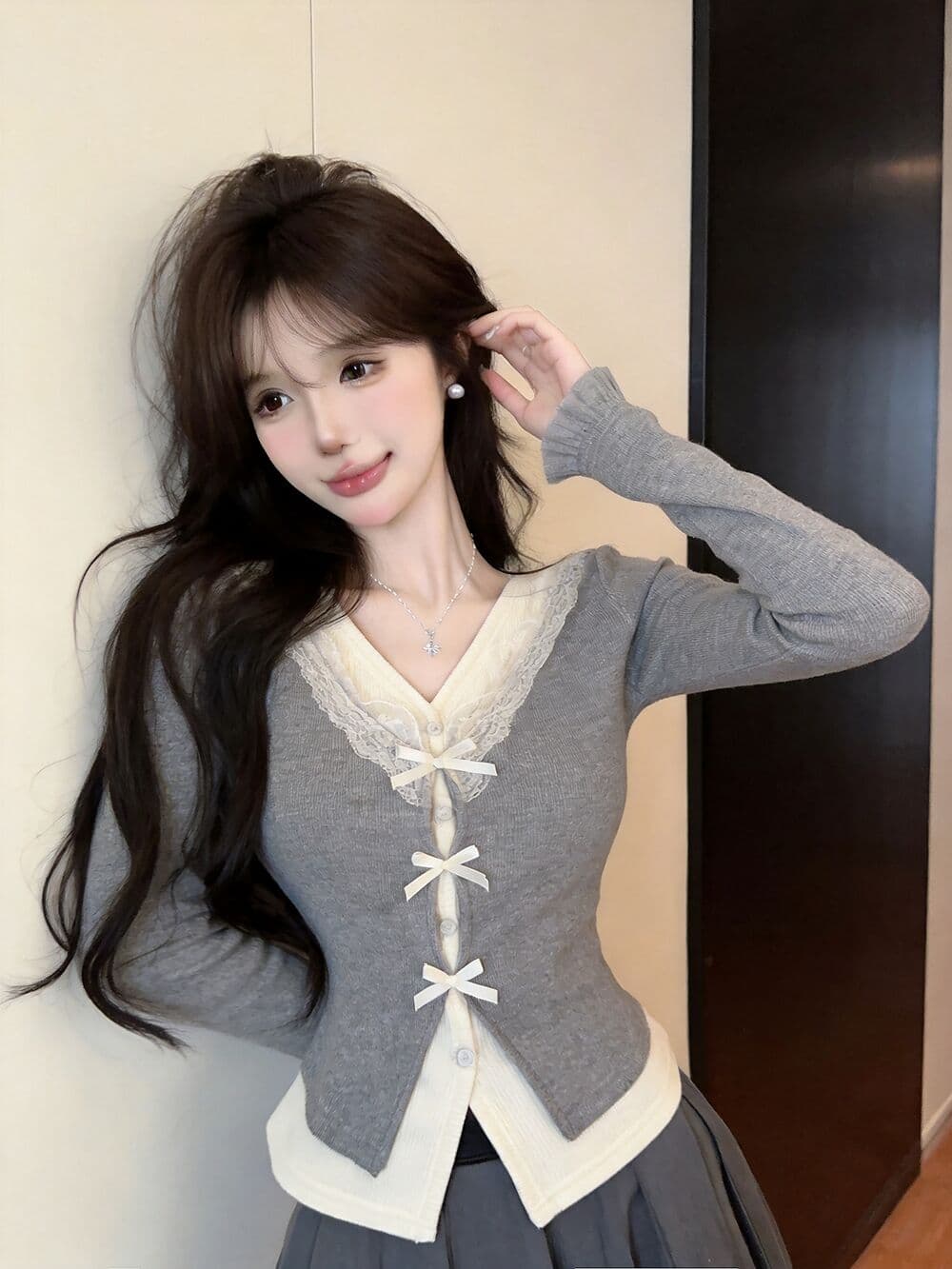 실사 새로운 순수한 욕망 핫걸 고유 한 V넥 프릴 페이크 레이어드 긴팔 나비 매듭 기본 셔츠 맨위 여성 이미지 2