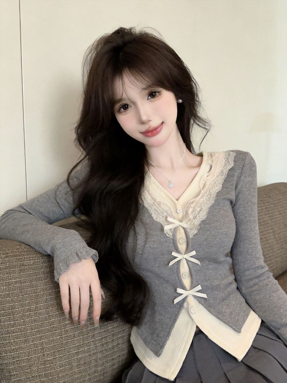 실사 새로운 순수한 욕망 핫걸 고유 한 V넥 프릴 페이크 레이어드 긴팔 나비 매듭 기본 셔츠 맨위 여성 상세 이미지 8
