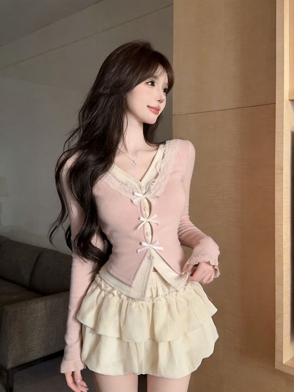 실사 새로운 순수한 욕망 핫걸 고유 한 V넥 프릴 페이크 레이어드 긴팔 나비 매듭 기본 셔츠 맨위 여성 상세 이미지 14