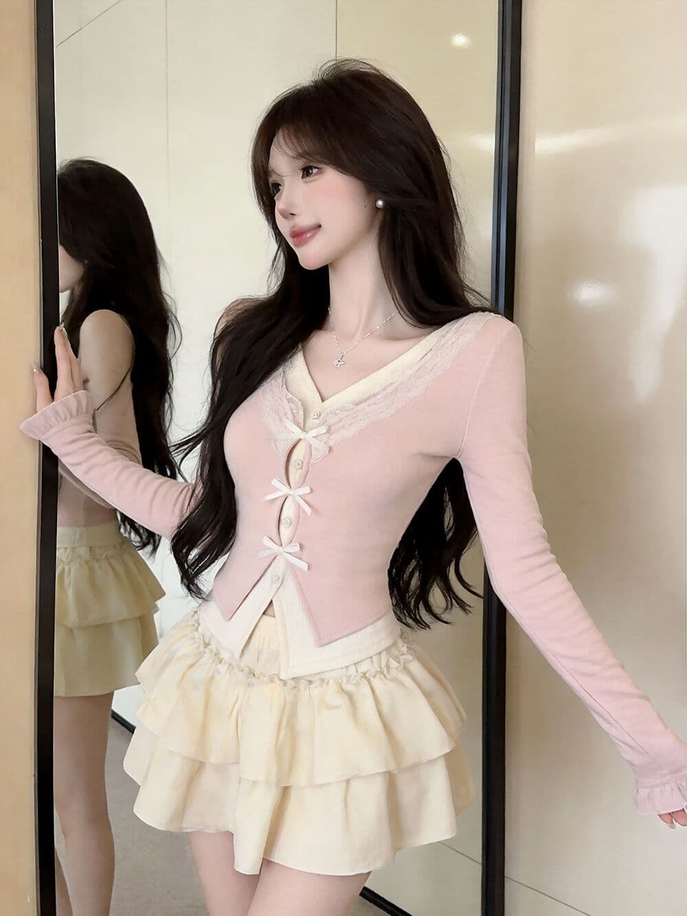 실사 새로운 순수한 욕망 핫걸 고유 한 V넥 프릴 페이크 레이어드 긴팔 나비 매듭 기본 셔츠 맨위 여성 상세 이미지 16
