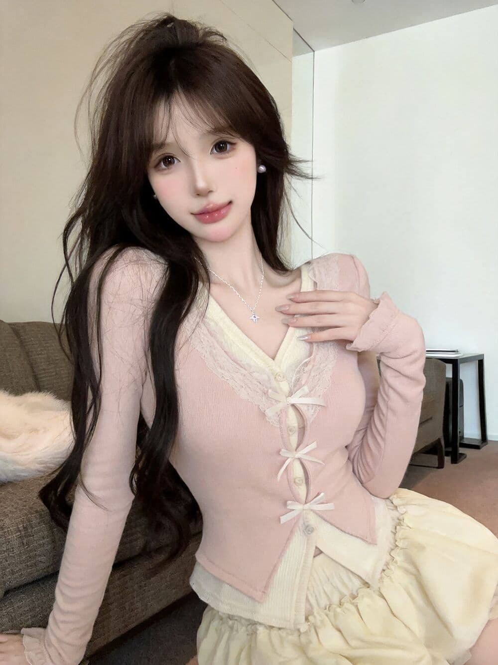 실사 새로운 순수한 욕망 핫걸 고유 한 V넥 프릴 페이크 레이어드 긴팔 나비 매듭 기본 셔츠 맨위 여성 상세 이미지 17