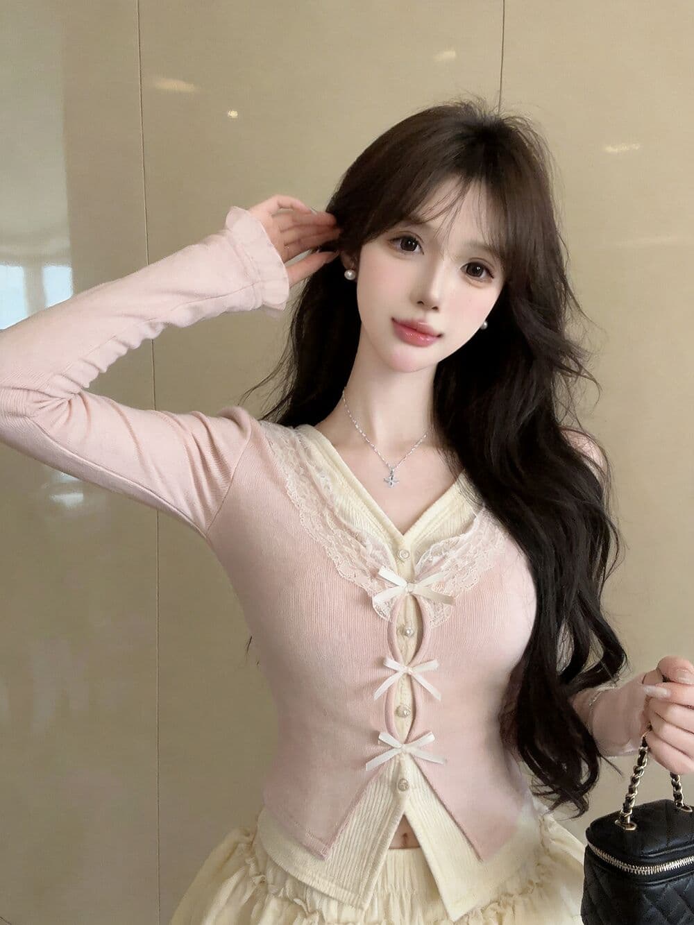 실사 새로운 순수한 욕망 핫걸 고유 한 V넥 프릴 페이크 레이어드 긴팔 나비 매듭 기본 셔츠 맨위 여성 상세 이미지 19
