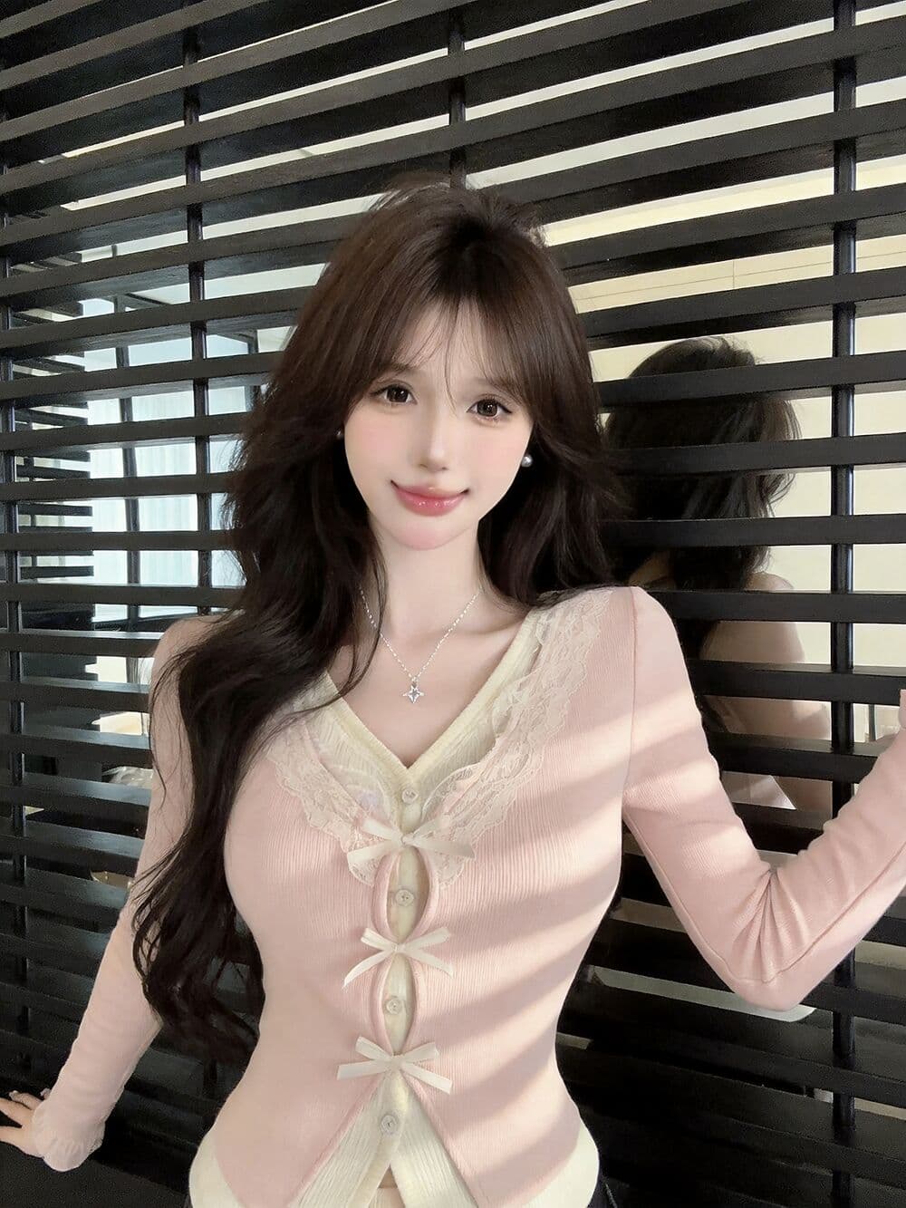 실사 새로운 순수한 욕망 핫걸 고유 한 V넥 프릴 페이크 레이어드 긴팔 나비 매듭 기본 셔츠 맨위 여성 상세 이미지 21