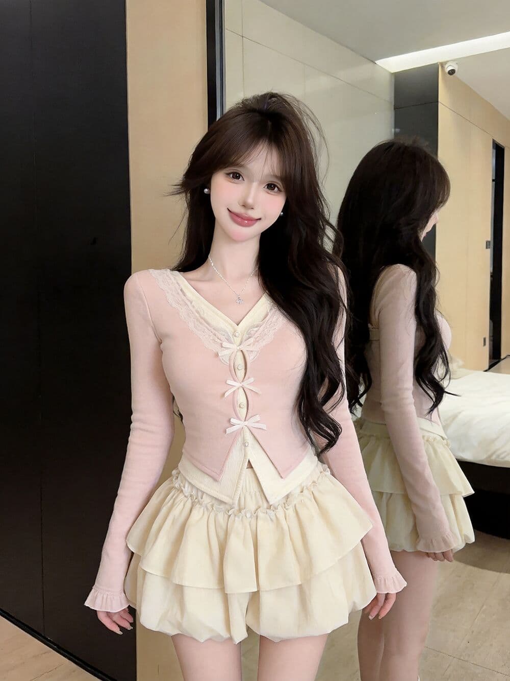 실사 새로운 순수한 욕망 핫걸 고유 한 V넥 프릴 페이크 레이어드 긴팔 나비 매듭 기본 셔츠 맨위 여성 이미지 3