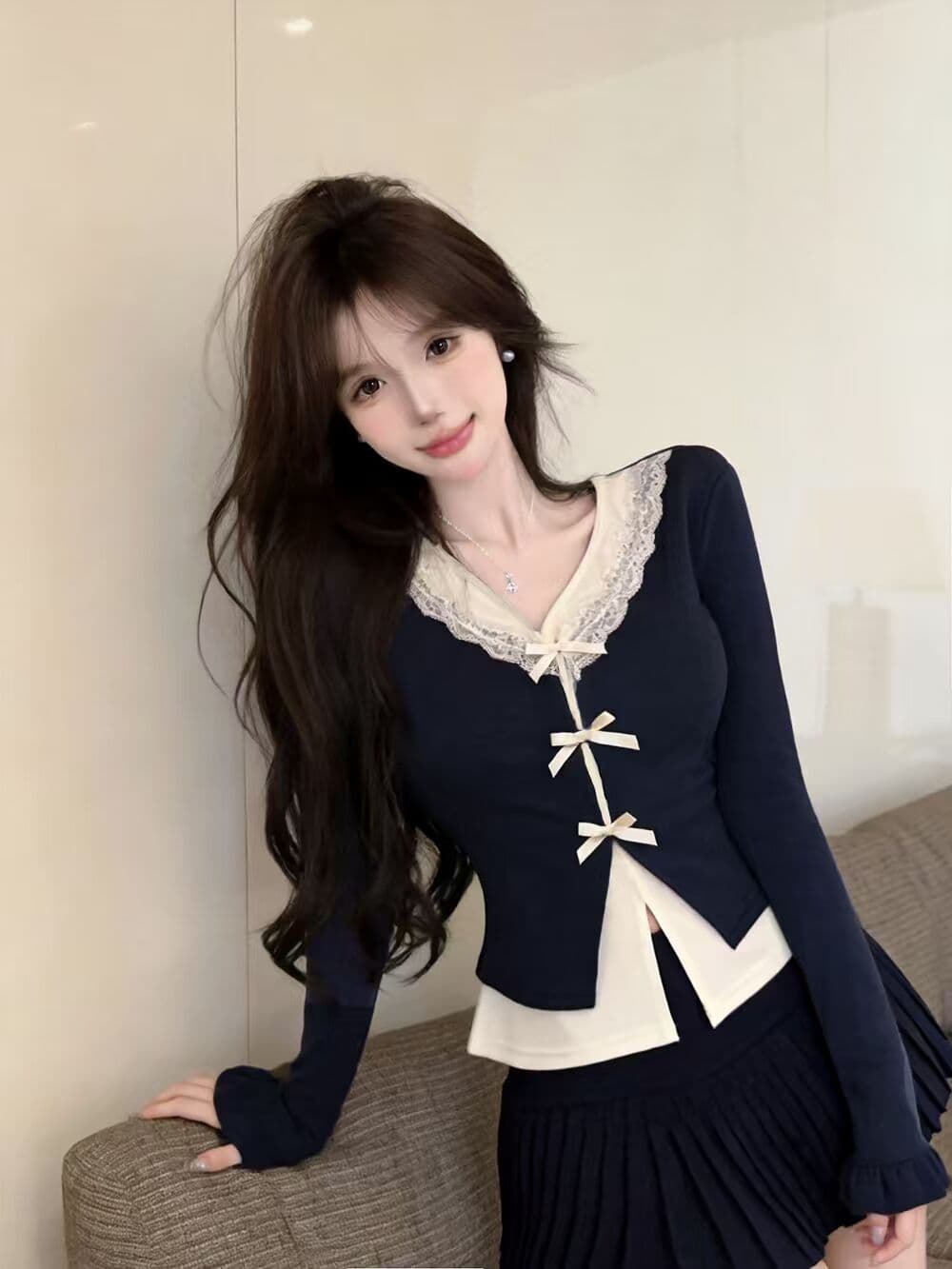 실사 새로운 순수한 욕망 핫걸 고유 한 V넥 프릴 페이크 레이어드 긴팔 나비 매듭 기본 셔츠 맨위 여성