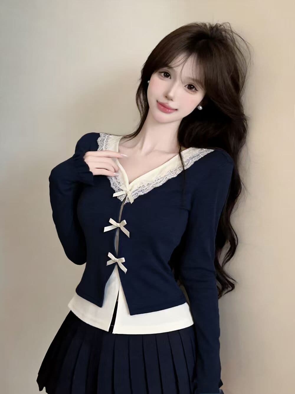 실사 새로운 순수한 욕망 핫걸 고유 한 V넥 프릴 페이크 레이어드 긴팔 나비 매듭 기본 셔츠 맨위 여성 상세 이미지 3