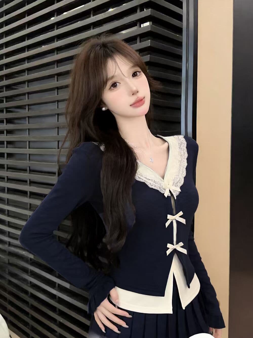 실사 새로운 순수한 욕망 핫걸 고유 한 V넥 프릴 페이크 레이어드 긴팔 나비 매듭 기본 셔츠 맨위 여성 상세 이미지 4