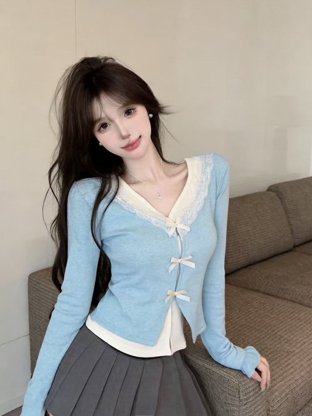 실사 새로운 순수한 욕망 핫걸 고유 한 V넥 프릴 페이크 레이어드 긴팔 나비 매듭 기본 셔츠 맨위 여성 상세 이미지 5