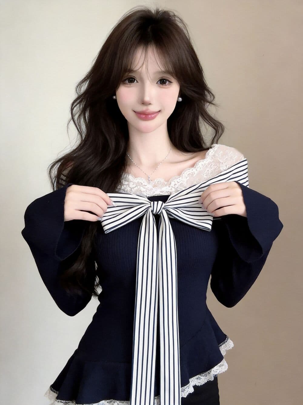 실사 새로운 레이스 조각 스트라이프 스트랩 디자인 센스 핫걸 페이크 레이어드 불규칙 기본 셔츠 여성 상세 이미지 2