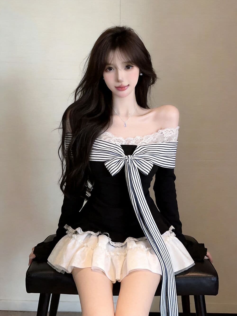 실사 새로운 레이스 조각 스트라이프 스트랩 디자인 센스 핫걸 페이크 레이어드 불규칙 기본 셔츠 여성 상세 이미지 12