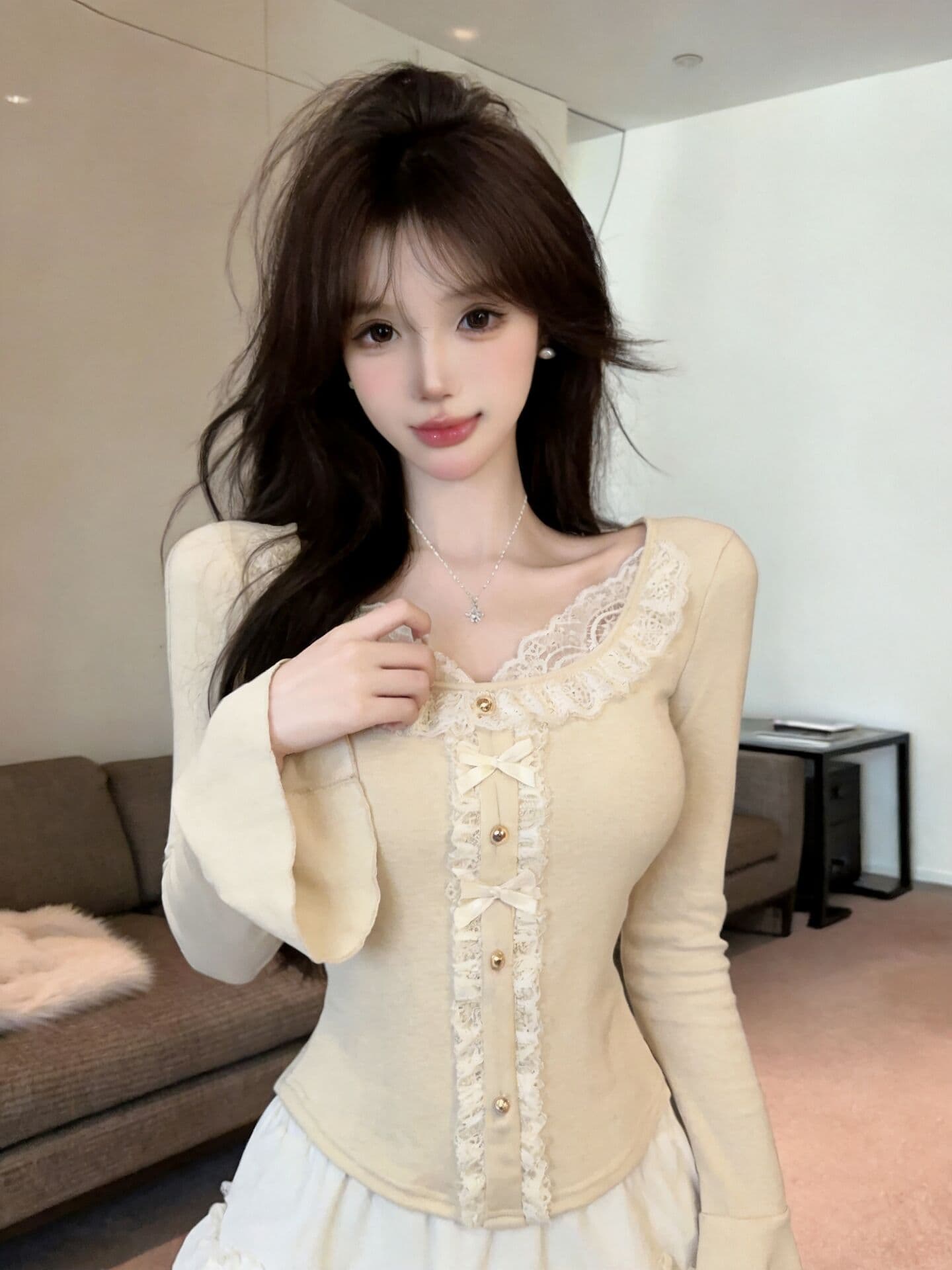 실사 새로운 자이언트 잘 생긴 순수한 욕망 핫걸 고유 한 디자인 센스 레이스 페이크 레이어드 나팔 소매 맨위 여성 상세 이미지 2