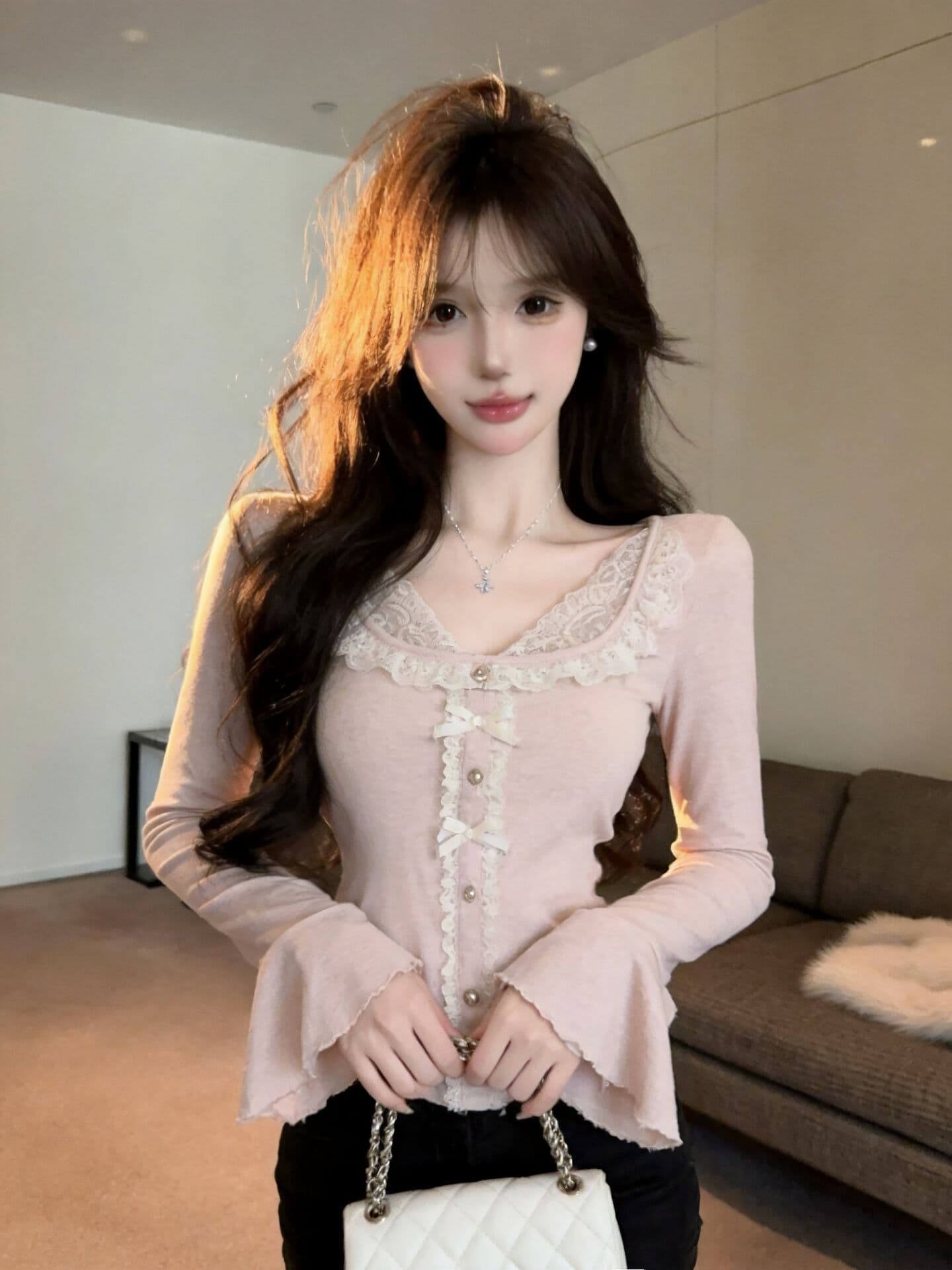 실사 새로운 자이언트 잘 생긴 순수한 욕망 핫걸 고유 한 디자인 센스 레이스 페이크 레이어드 나팔 소매 맨위 여성 상세 이미지 9