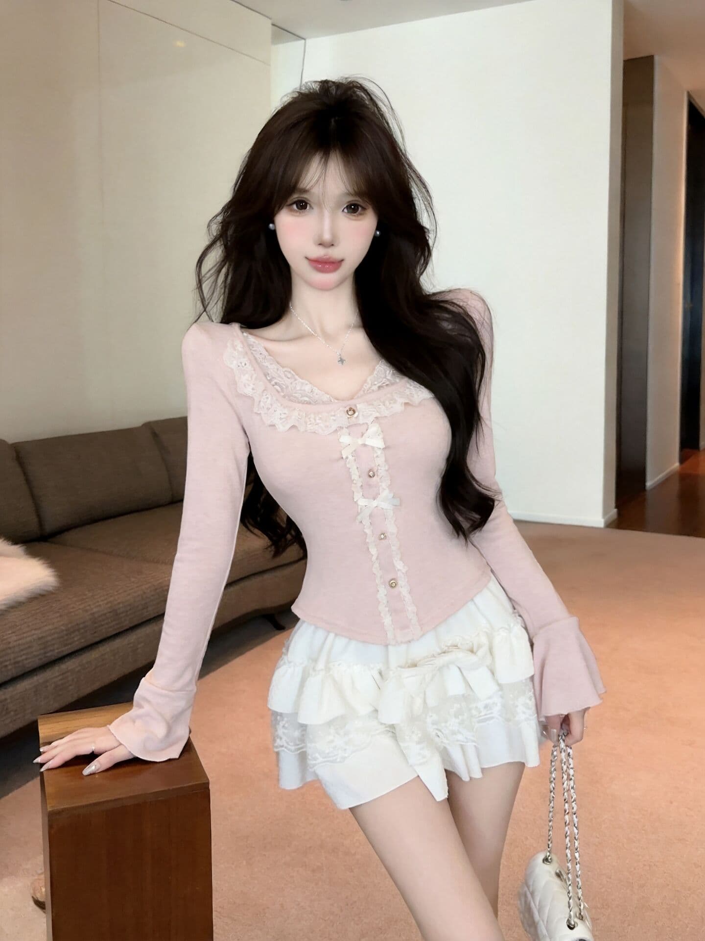 실사 새로운 자이언트 잘 생긴 순수한 욕망 핫걸 고유 한 디자인 센스 레이스 페이크 레이어드 나팔 소매 맨위 여성 상세 이미지 21