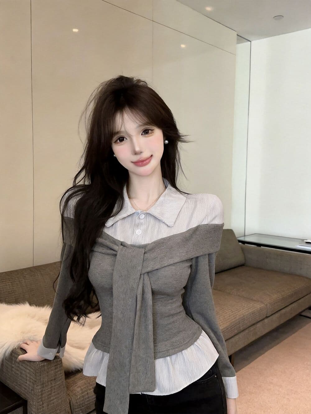 실사 새로운 핫걸 POLO 칼라 고유 한 디자인 센스 페이크 레이어드 긴팔 여성 셔츠 품격 연령 감소 맨위 티셔츠