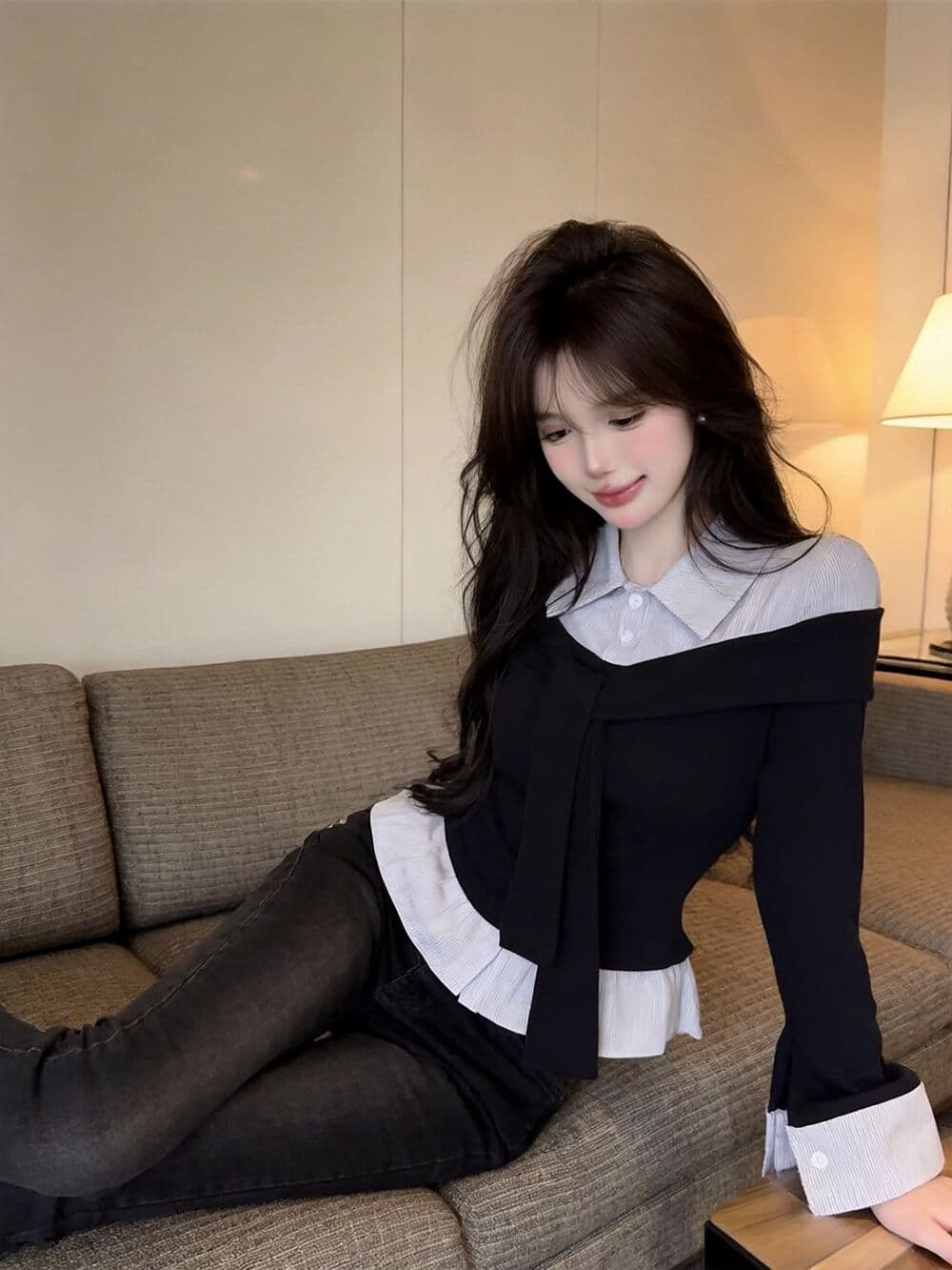 실사 새로운 핫걸 POLO 칼라 고유 한 디자인 센스 페이크 레이어드 긴팔 여성 셔츠 품격 연령 감소 맨위 티셔츠 상세 이미지 2