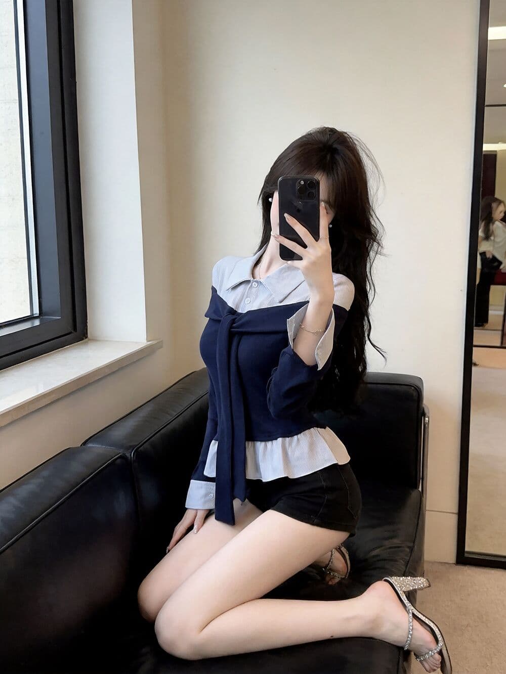 실사 새로운 핫걸 POLO 칼라 고유 한 디자인 센스 페이크 레이어드 긴팔 여성 셔츠 품격 연령 감소 맨위 티셔츠 상세 이미지 5