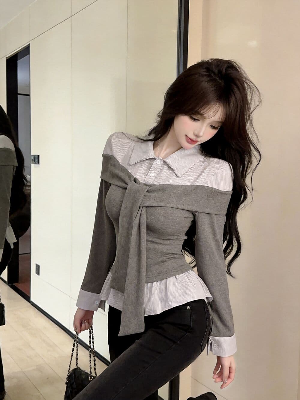 실사 새로운 핫걸 POLO 칼라 고유 한 디자인 센스 페이크 레이어드 긴팔 여성 셔츠 품격 연령 감소 맨위 티셔츠 상세 이미지 11
