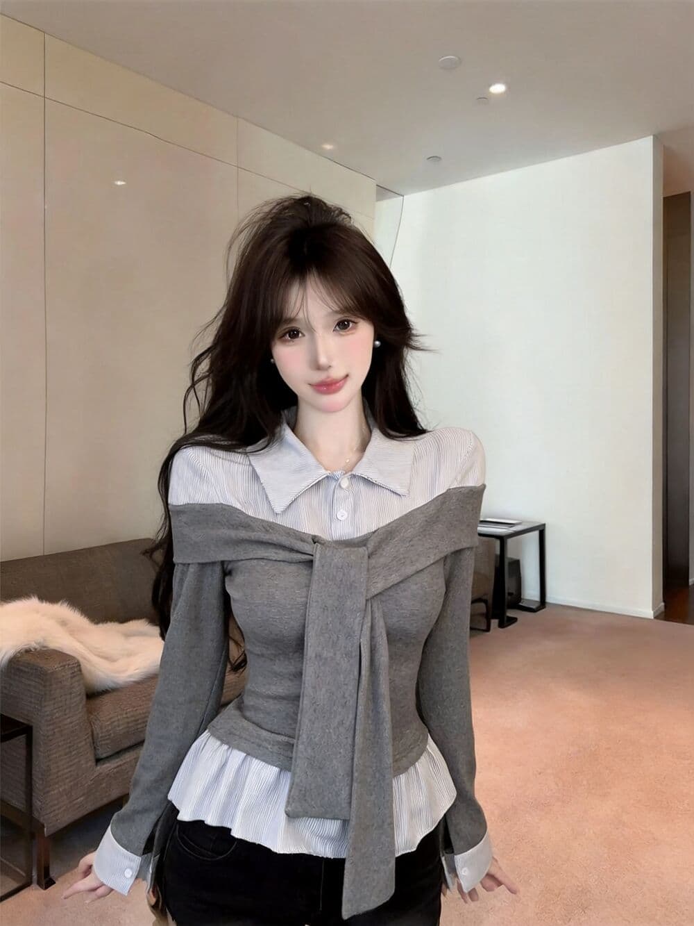 실사 새로운 핫걸 POLO 칼라 고유 한 디자인 센스 페이크 레이어드 긴팔 여성 셔츠 품격 연령 감소 맨위 티셔츠 상세 이미지 14