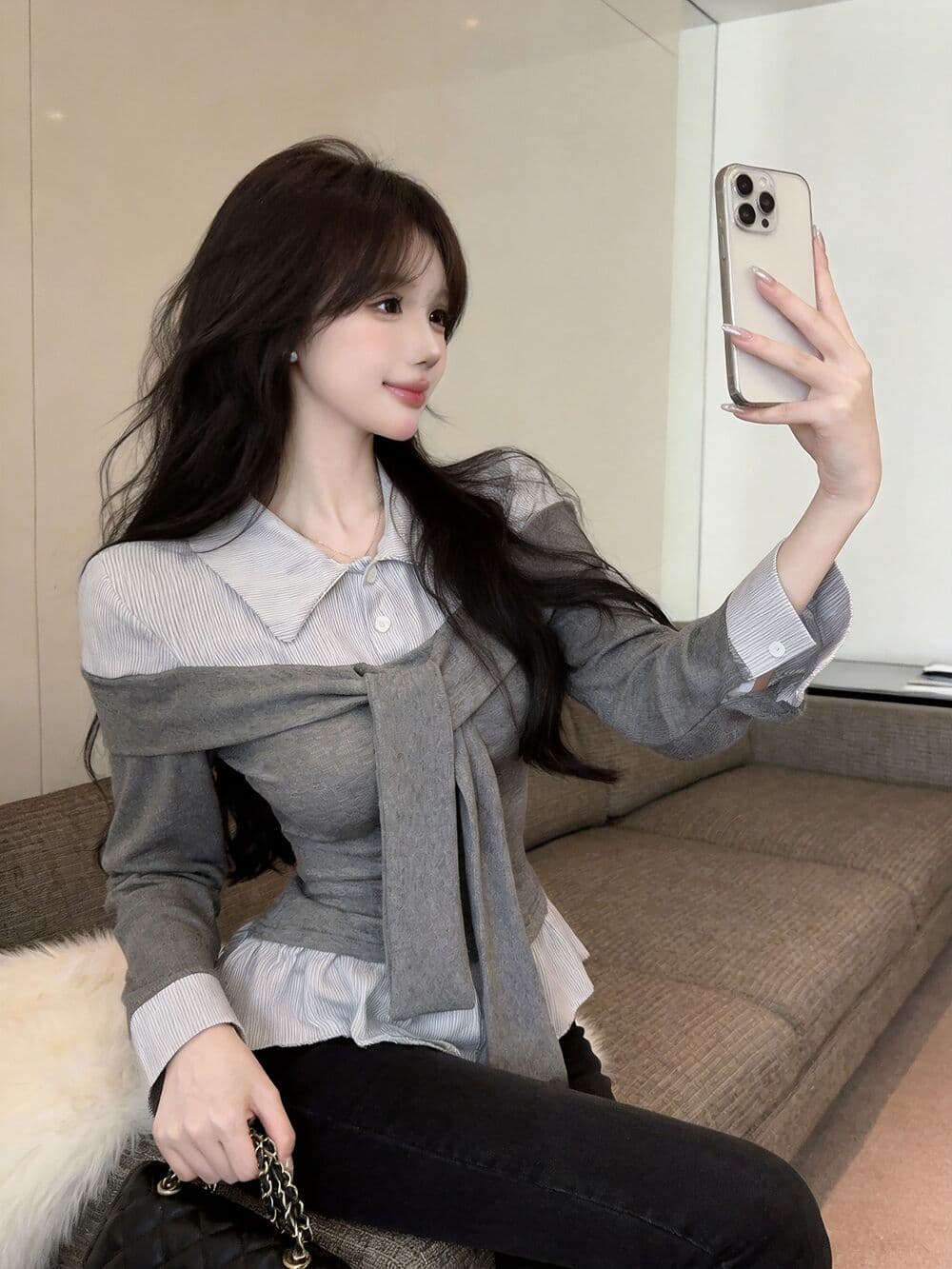 실사 새로운 핫걸 POLO 칼라 고유 한 디자인 센스 페이크 레이어드 긴팔 여성 셔츠 품격 연령 감소 맨위 티셔츠 상세 이미지 15