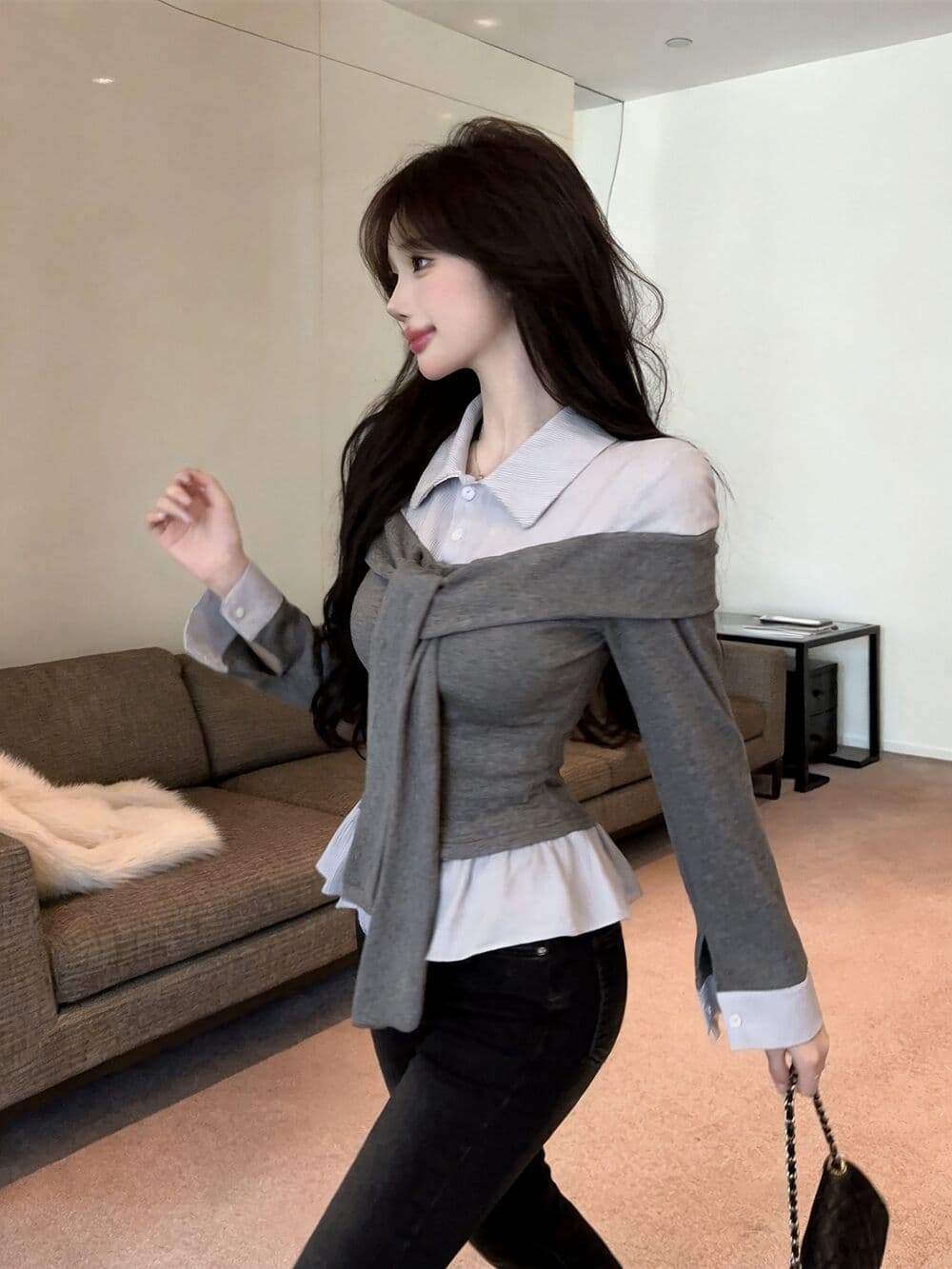 실사 새로운 핫걸 POLO 칼라 고유 한 디자인 센스 페이크 레이어드 긴팔 여성 셔츠 품격 연령 감소 맨위 티셔츠 상세 이미지 16
