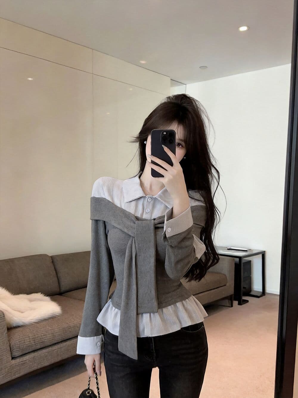 실사 새로운 핫걸 POLO 칼라 고유 한 디자인 센스 페이크 레이어드 긴팔 여성 셔츠 품격 연령 감소 맨위 티셔츠 상세 이미지 20