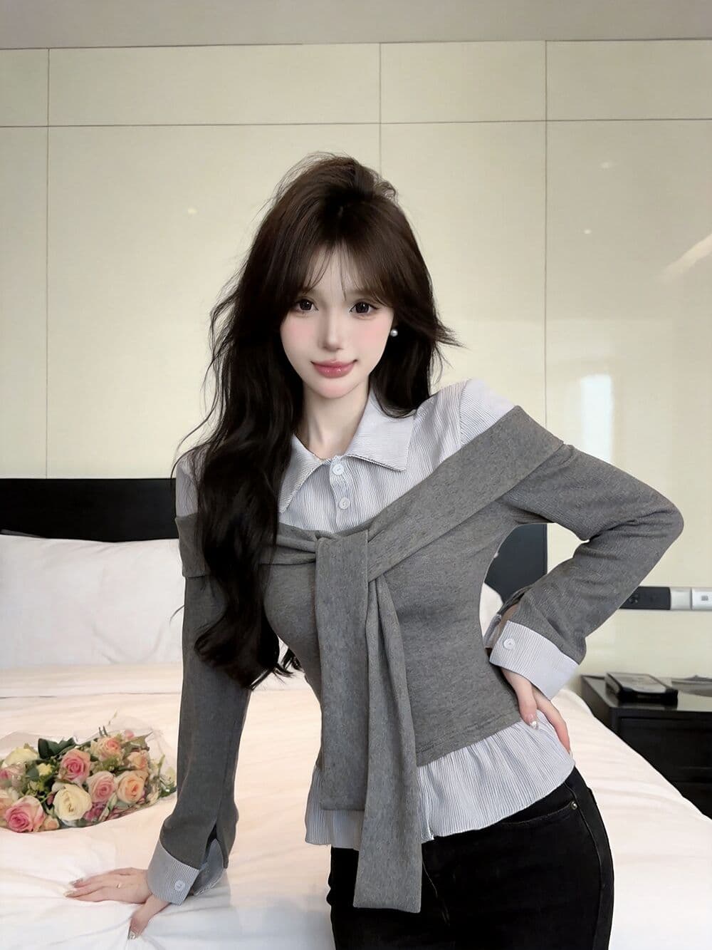실사 새로운 핫걸 POLO 칼라 고유 한 디자인 센스 페이크 레이어드 긴팔 여성 셔츠 품격 연령 감소 맨위 티셔츠 이미지 3