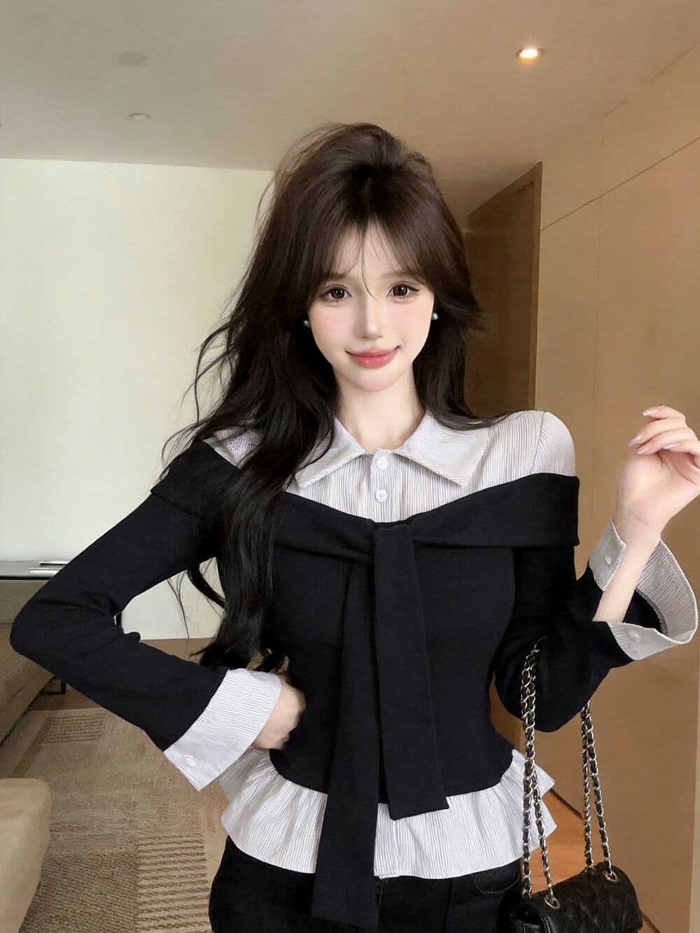 실사 새로운 핫걸 POLO 칼라 고유 한 디자인 센스 페이크 레이어드 긴팔 여성 셔츠 품격 연령 감소 맨위 티셔츠 이미지 4