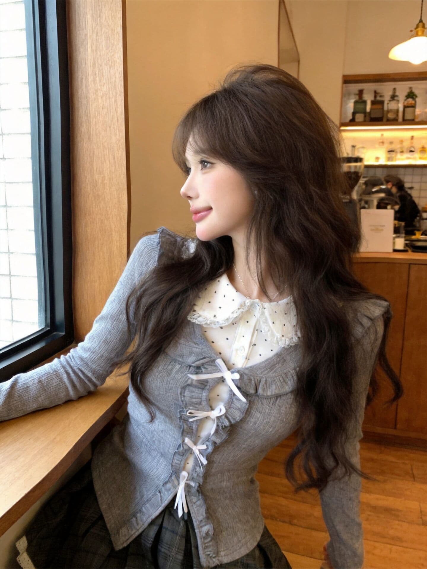 실사 새로운 학원 스타일 디자인 센스 페이크 레이어드 긴팔 티셔츠 여성 몸매 가꾸기 꽃무늬 베이비 칼라 맨위 상세 이미지 16