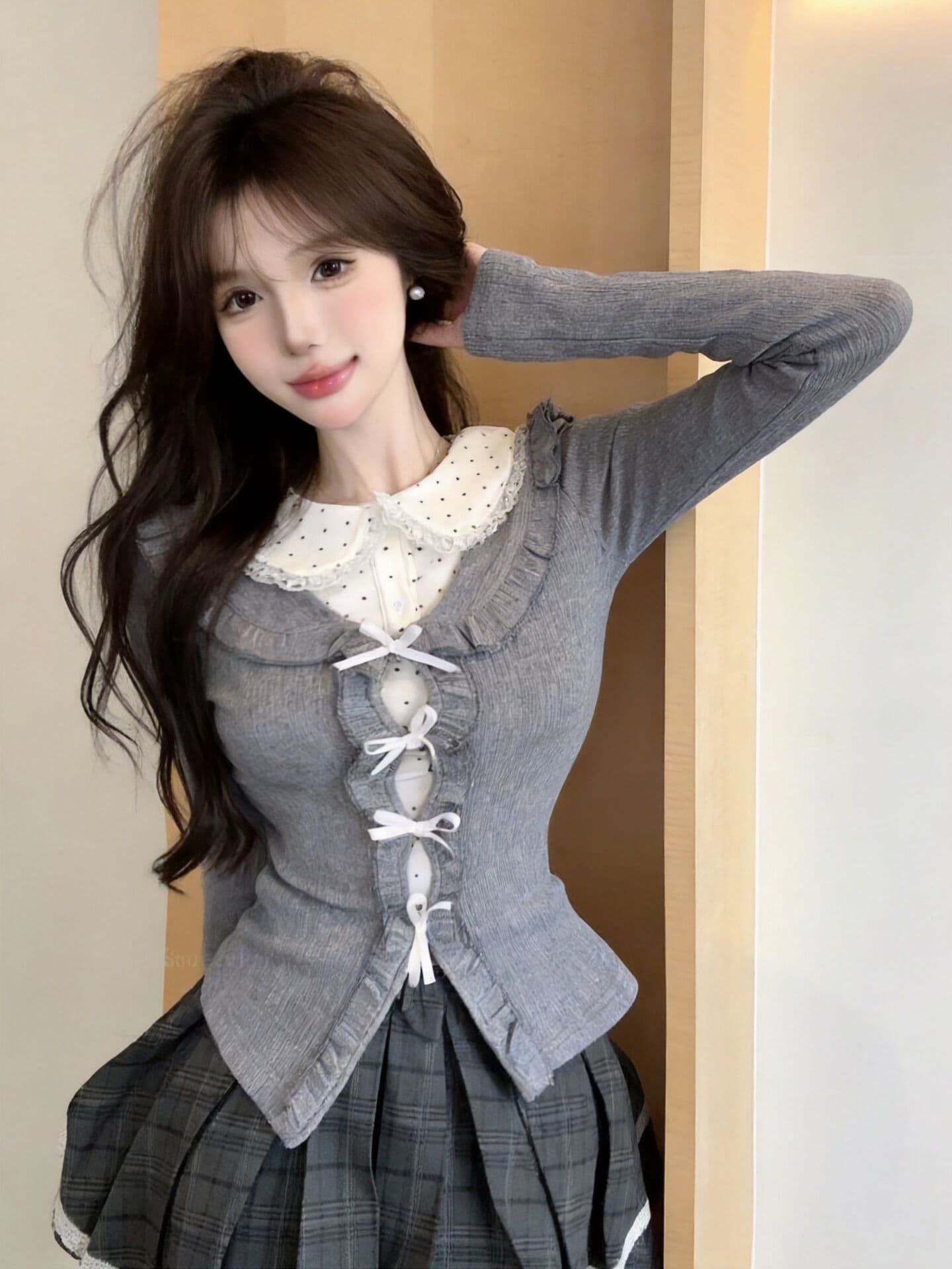 실사 새로운 학원 스타일 디자인 센스 페이크 레이어드 긴팔 티셔츠 여성 몸매 가꾸기 꽃무늬 베이비 칼라 맨위 상세 이미지 18